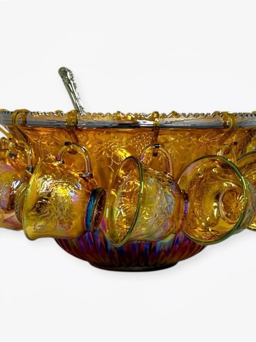 Vintage Indiana Glass Harvest Grape Marigold Carnival Punch Bowl Set 12 Cups